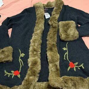 Women's Black Cardigan with Faux Fur Trim